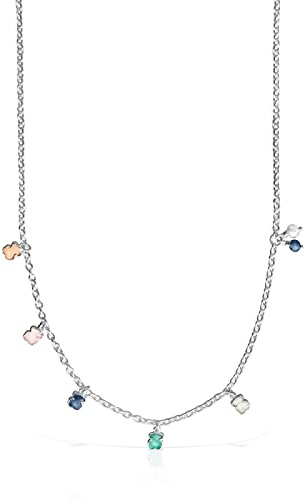 TOUS Damen Halskette aus Sterlingsilber mit 4mm Bärenanhängern aus Edelsteinen und Perlen, 45cm lang, vielseitig und elegant, Icons Farbkollektion