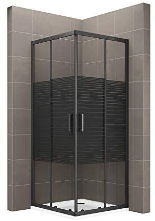 MOG Duschkabine 80x80 cm Höhe: 190 cm mit Schiebetüren Eckdusche mit Rollensystem aus 6 mm schwarz gestreiftes ESG Glas DK67