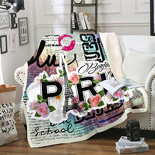Paris Sherpa Decke Eiffelturm Decke Werfen Rosa Lippen Frühling Floral Tie Dye Fleece Decke Für Kinder Mädchen Frauen Gitarre Romantische Frankreich Berühmten Stadtbild Fuzzy Decke Sofa Dekor 150×200