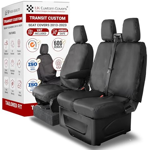 To Fit Ford Transit Custom Seat Covers 2013-2023 Front Set | Waterproof & Heavy Duty, Airbag Compatible, Easy To Fit - Driver & Double Passenger Without Tray Black