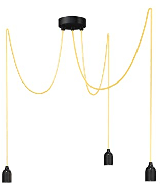 Relight Pendelleuchte 3-flammig Kraken (höhenverstellbar), E27 Lampenfassungen aus Bakelit, 3x 1.5 Meter Textilkabel Gelb