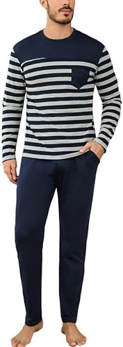 Irdcomps Coton Hiver Ensembles de Pyjamas à Rayures Chauds Manches Longues Col Rond Nuit Vêtements de Détente pour Hommes Deux Pièces Confortable Doux Bleu Foncé1 L