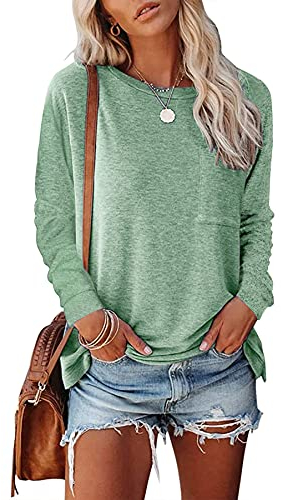 NEYOUQE Langarmshirt Damen Gestreift Rundhals Longsleeve Tshirt Beliebten Pullover Basic Einfarbig Tops Bekleidung Erbsengrün L 44-46
