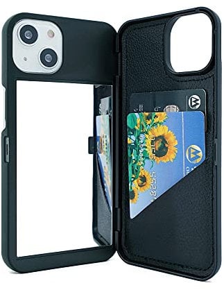 W7ETBEN iPhone 14 Wallet Case, iPhone 13 Case with Kickstand Built-in Mirror Shockproof Card Holder Cover for Apple iPhone 14 (2022) 6.1 /iPhone 13 (2021) 6.1 Inch (Black)