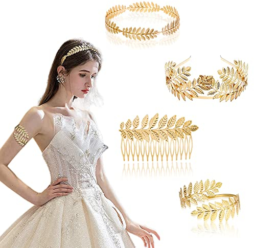 Zhenzhenlo 4 Stück Göttin Krone, Griechische Göttin Stirnband, Goldene Krone, Blatt Zweig Krone Haarschmuck Golden, Tiara-Brautschmuck, Göttin Haarreif, Krone für Braut und Brautjungfer