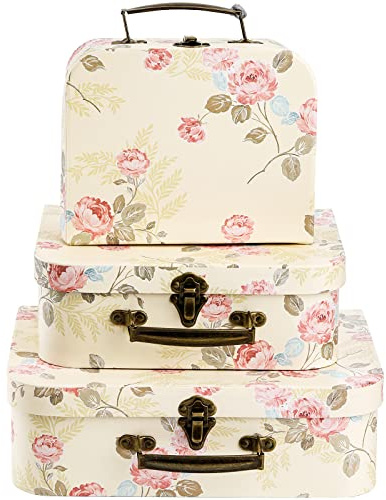 Fasmov 3 Pack Paperboard Suitcases Storage Box Decorative Boxes Storage Gift Boxes With Lids for Photo Storage Home Decoration, Wedding, Birthday, Anniversary, Light Yellow