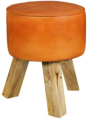 möbelando Design Sitzhocker WL5.102 Holz 37x45x37 cm Modern Fußhocker Rund | Turnbock Lederhocker Holzbeine | Kleiner Hocker Massivholz mit Leder Gepolstert | Holzhocker mit Echtleder Braun