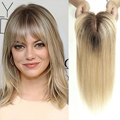 HAIRCUBE Haartopper echtes Menschenhaar für Frauen ombre Hellblondes Haartopper mit Pony 120% Dichte Seide Basisclip in Topper 14 Zoll 40 Gramm