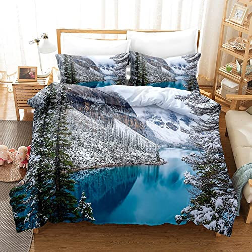 Warm decoration Ensemble de literie de Montagne de Neige Paysage lac lit Couette Ensembles de Housse de Couette décor à la Maison Double Reine Roi Taille Arbre Ciel Nuage 220 × 260 cm