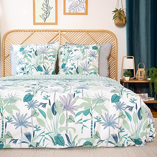 CÔTE DECO Parure de lit 2 Personnes avec Housse de Couette 220x240cm + 2 taies d'oreiller 63x63cm Motif Feuilles Tropicales 100% Coton adouci (240x220cm)