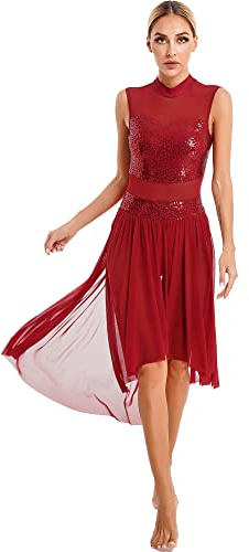 iEFiEL Damen Pailletten Ballettkleid Patchwork Ballettanzug mit Shorts Mesh Kleider Trikot Tanz-Body Gymnastik Tanz Kostüme Burgundy M