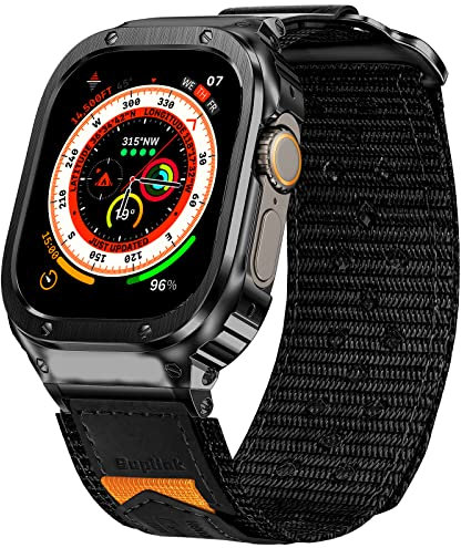 SUPLINK Custodia in metallo con cinturino in nylon compatibile con Apple Watch da 49 mm, in acciaio inox, robusta copertura protettiva e paraurti per iWatch Ultra/Ultra 2 da uomo (nero-medio)
