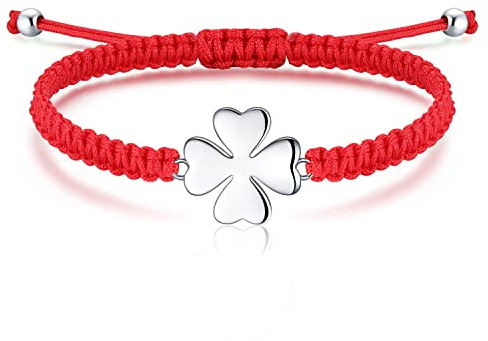 Jrêveinfini Trebol 4 Hojas Pulsera Mujer Niña Plata, Pulseras de la Suerte Amistad, Personalizada Joyeria Pulsera Roja Trenzado Cuerda Profesora, Regalos Cumpleaños Amigas Madre Amiga Hilo Tela Mama
