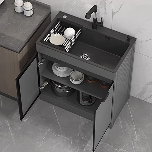 Alta capacidad lavabo de baño negro con gabinete,Fregadero Comercial cocina con gabinete,interior Fregadero de Lavandería,Gabinete de aluminio espacial,Fregadero de acero inoxidable. ( Size : 80*45cm