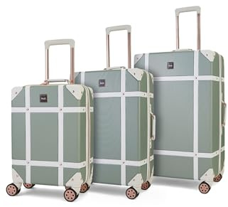 Rock Vintage Hard Shell Suitcase Set of 3 - Sage Green | Set Includes S, M & L Cases - Nostalgic Design, Dual 360 Swivel Wheels - TSA Lock - Lightweight Build - Impact Resistant
