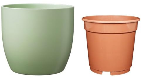 Set - SK Soendgen Keramikübertopf Basel ø10 cm, lindgrün matt + Kulturtopf ø8, hochwertiges Wohnambiente