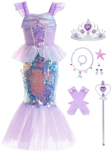 LiUiMiY Déguisement Sirène Costume Petite fille Robe Pailletée Princesse Ariel avecc Accessoires pour Halloween Carnaval Fêtes d'anniversaire, Violet, 3-4 Ans (Étiqueter 110)