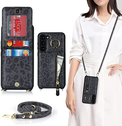 CAVOR Handykette Handyhülle Kompatibel mit Samsung Galaxy S23 Hülle Mit Band,Flip Leder Geldborse Hülle,[4 Kartenfach][Mit Ring][Tasche mit Zipper‌],Handytasche zum Umhängeband - Schwarz Leopard