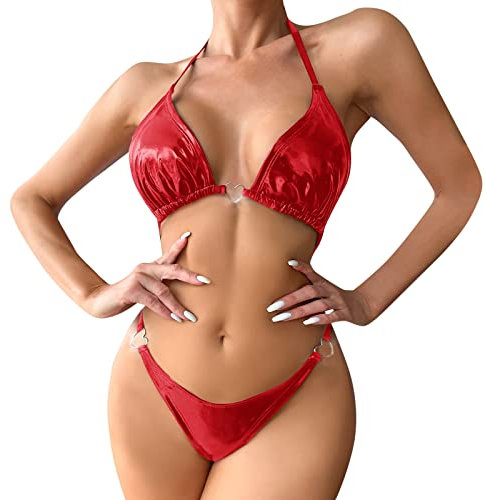 Duohropke Damen Lackleder Bikini Set Wetlook Badeanzug mit Metallic Nieten Neckholder Triangle BH String Tanga Dessous Set Nachtwäsche