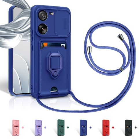 Aithne Case für Xiaomi Mi 13T/13T Pro Handykette Hüll,Slide kameraschutz,Silikon Handyhülle zum Umhängen Kette,360 Grad Ringhalter Stand Kartenfach-Blau