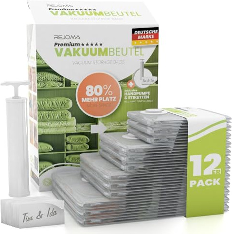 Rejoma® Vakuumbeutel für Kleidung & Bettdecken – 12er Set mit Handpumpe – Platzsparende Aufbewahrungsbeutel/Vakuumtaschen in 4 Größen (40×60, 50×70, 60×80, 80×100 cm)