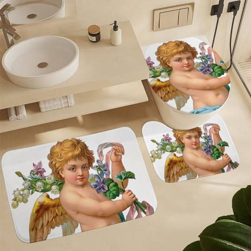 3 TLG Badteppich Set Vintager Engel Mit Blumen Niedlicher Amor Shaggy Kontur Badteppich Wasserabsorbierend Wc-Deckelbezug Weiche 3 TLG Plüsch Anti-Rutsch Badteppich Set