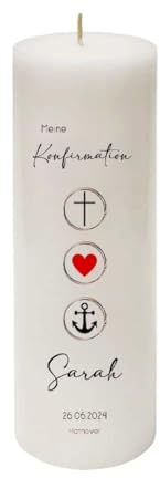 MilaBoo® personalisierte Konfirmationskerze I 25 x 8 cm Premium Kerze beidseitig bedruckt in Farbe I Made In Germany (3 Zeichen)