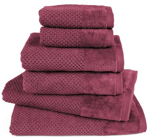 Pure Label 6-TLG. Handtücher Set mit Aufhängeschlaufen aus 100% Baumwolle, saugstark und weich - 2X Badetuch (70x140 cm) 2X Handtuch (50x100cm) 2X Gästetuch (30x50 cm), Beere