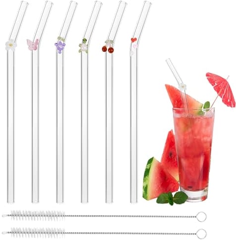6 PCS Glass Straws, Reusable Straw Drinking Replacement Straws for Cups Tumbler, Coffee Cup Straw with Cleaning Brush, Long Straws Glass Straws with Design