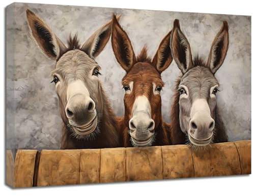 ZQQART Leinwandbild mit Esel im Landhausstil lustiges Bild mit braunem Esel Bauernhof-Western-Tiere Gemälde für Schlafzimmer Küche Wohnzimmer Wanddekoration (Lustiger Esel,30x45cm)