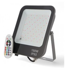 Blendend Foco proyector LED 100W RGB, resistente al agua, con control remoto, ideal para iluminación decorativa y ambientes festivos.