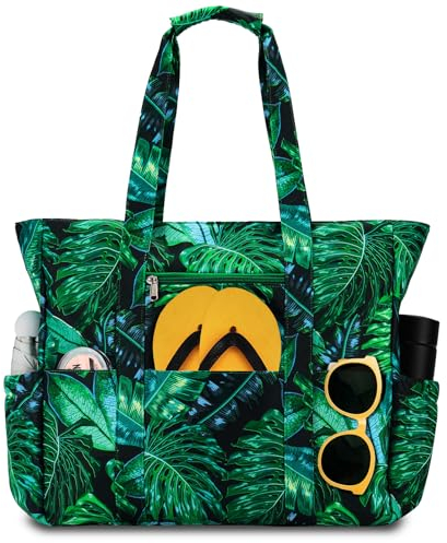 RAVUO Sac De Plage,Oversize Sac Cabas Femme Avec Fermeture Éclair Résistant À L'eau Sac Fourre Tout Léger Famille Sac De Piscine Pour La Plage,Piscine,Gymnase,Voyage Feuilles Vertes