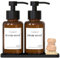 Anhow 2er Seifenspender, 400ml Glas Shampoo Spender für mit 16er Kategorie Etikett und Silikon Tablett Spülmittelspender für Badezimmer und Küche - Braun
