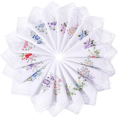 Geyoga 18 Stück Damen-Taschentücher aus Baumwolle, Blumenstickerei mit Spitze, farbig bestickt, Taschentücher für Frauen, Mehrfarbig, 11.02 x 11.02 inches