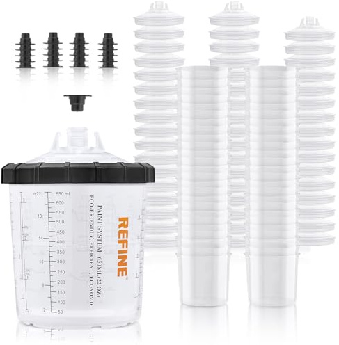 REFINE Disposable Paint Sprayer Gun Cups Kit for Hvlp Spray Gun, 22.9 Ounce 650ml-50 Cup Liners and Lids with 125 Micron Strainer, 20 Plugs and 1 Hard Cup with Retainer Ring