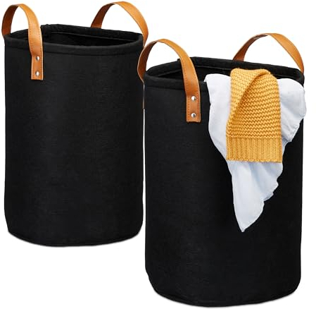 Relaxdays Wäschekorb, 28 l, faltbar, Filz, Kunstleder-Griffe , Wäschesammler Bad & Schlafzimmer, HxD: 47x30 cm, schwarz