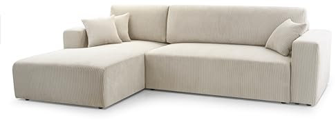 FurniShop24 Ecksofa mit Schlaffunktion und Bettkasten - Eckcouch L-Form Klappsofa - Schlafcouch zum Wohnzimmer, Minimalistisches Design Couch Zoom Beige, Links Schlafsofa