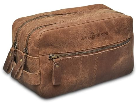 Jack Shaver Handgefertigte Reise-Kulturbeutel aus Vollnarbenleder, Kulturbeutel, Rasierset und Make-up-Set, Reisegeschenk für Männer und Frauen, braun, 11x6x4.5, Klassisch