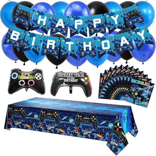 Boy Gaming Theme Birthday Party Decorations Set , Game Birthday Banner, Table Cover, 20pc Napkins & 2pc Game Controller Balloons, 18pc Blue and Black Balloons– Fun Decorations for Kids Birthday Party