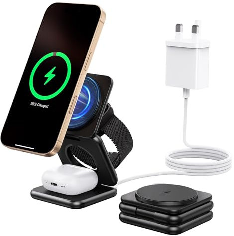 Alilong Cargador Inalambrico para iPhone, Plegable 3 en 1 Base Cargador para iPhone y Apple Watch, Compatible con iPhone 16/15/14/13/12 Series, Apple Watch 10/9/8/7/6/SE/5/4, para AirPods 2/3/4/Pro
