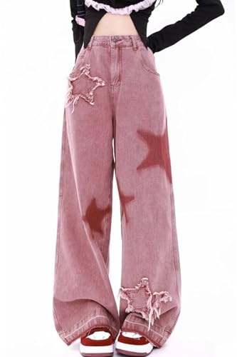xxxiticat Jeans larghi rosa da donna a vita alta a cinque punte ricamo stella vintage sciolto orlo grezzo pantaloni in denim gamba larga