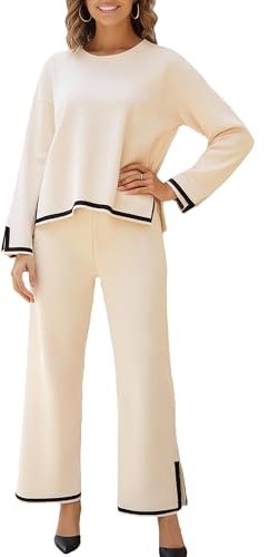 MessBebe Damen Zweiteiler Outfits Jogginganzug Trainingsanzug Tracksuit langärmelig Strickpullover Tops weites Bein Hose Lounge-Sets Trainingsanzüge