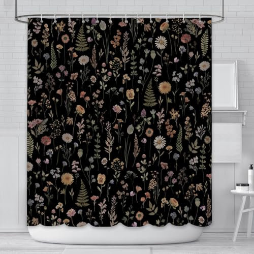 AIBIIN Rideau de douche à motif floral pour salle de bain, rideau de bain bohème mignon à fleurs noires, rideau de salle de bain durable en polyester imperméable avec 12 crochets, 180 x 180 cm