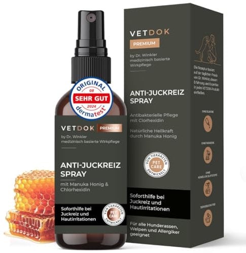 VetDok® by Dr. Winkler – Anti-Juckreiz Spray & Wundspray mit Manuka-Honig & Chlorhexidin – Für Hunde, Katzen, Pferde & Kleintiere – Bei Zeckenbissen, Wunden, Allergien & sensibler Haut 75ml