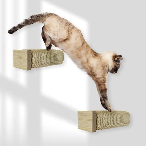 Rohrschneider Katzentreppe für Katzenwand | Kletterwand Katzen Holz | Wandelemente | Kratzstamm mit starkem Sisalseil | Traglast bis 35 kg | 7 x 7 x L 21 cm (2er Set)
