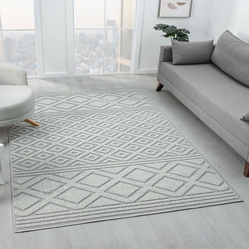 VIMODA Teppich Boho Hochflor Wohnzimmer, Schlafzimmer, Modern Skandinavisch, Waschbarer Teppich 3D, Farbe:Grau, Maße:160x230 cm