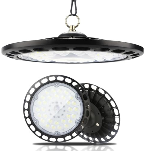 Fynokst UFO LED Lámpara de Alta Bahía 100W, 12800LM Focos Led Interior Techo, 6000K Lámpara Alta Bahía, Iluminación Impermeable IP66 Campana LED Industrial para Fábrica, Garaje, Taller