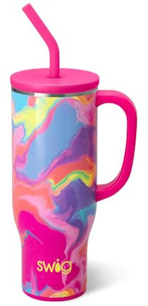 Swig Life Mega-Becher, 850 ml, Becher mit Griff und Strohhalm, große isolierte Becher, Becherhalter, freundlicher Reisebecher, Edelstahl, 850 ml, wiederverwendbare isolierte Wasserflasche (Candy Crush