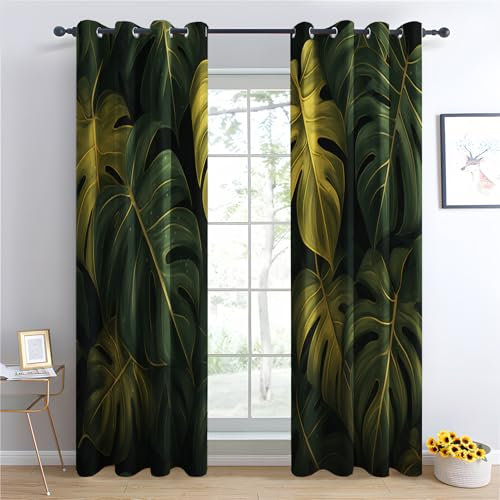 Luxfieo Monstera Vorhänge Grüne Tropische Blätter Vorhang Blickdicht Gardinen 160 cm Hoch Verdunklungsvorhänge mit Ösen Thermovorhang für Wohnzimmer Schlafzimmer Kinderzimmer Fenster Deko 2er Set Q#42