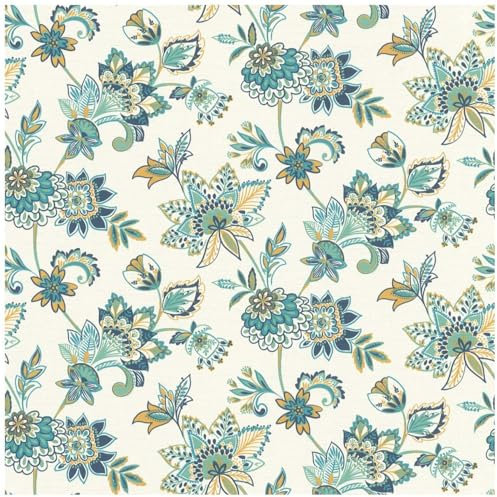 Traditional Wallcovering - Floral Pattern - Teal Blue Cream Yellow - Statement Feature Wall - Dining Room Bedroom Living Room - Contemporary Versatile Sophisticated - Paste The Wall Wallpaper